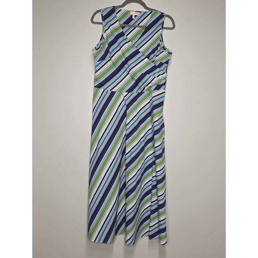 Jude Connally Womens M Blue Green Striped Sleeveless Faux Wrap Midi Dress Preppy